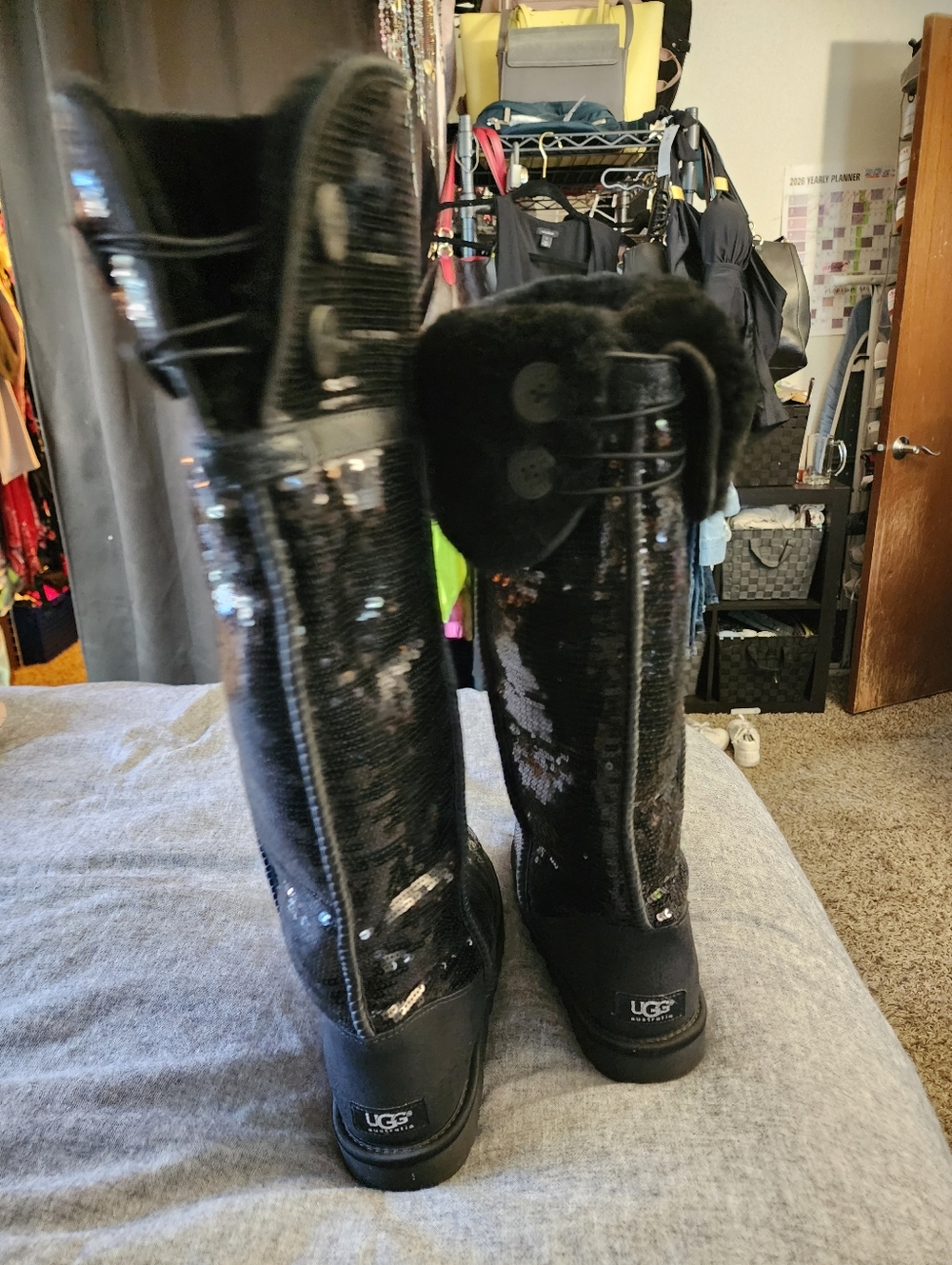 UGG Black Sequin Over The Knee Sz 8 NEW (No Box) Fur Lined Sparkle Winter Boots - Picture 7 of 7